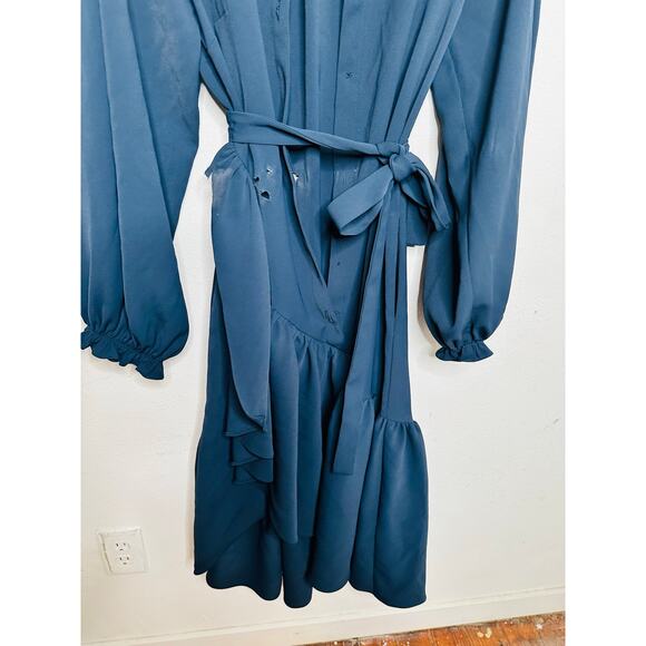 OSMAN YOUSEFZADA Blue Twill Ruffle Button Front Parachute Sleeve Shirt Dress 8 - Picture 5 of 15